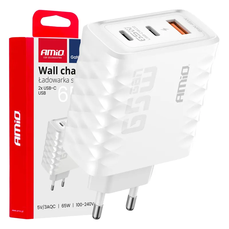 Ładowarka sieciowa Quick Charge 65W USB-A + 2x USB-C AMIO-04289 Wyprzedaż