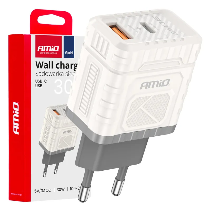 Hit sprzedaży Ładowarka sieciowa Quick Charge GaN 30W USB-A + USB-C AMIO-04286
