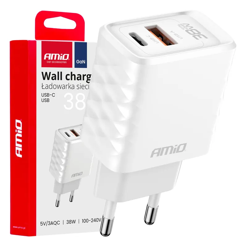 Popularny Ładowarka sieciowa Quick Charge GaN 38W USB-A + USB-C AMIO-04287