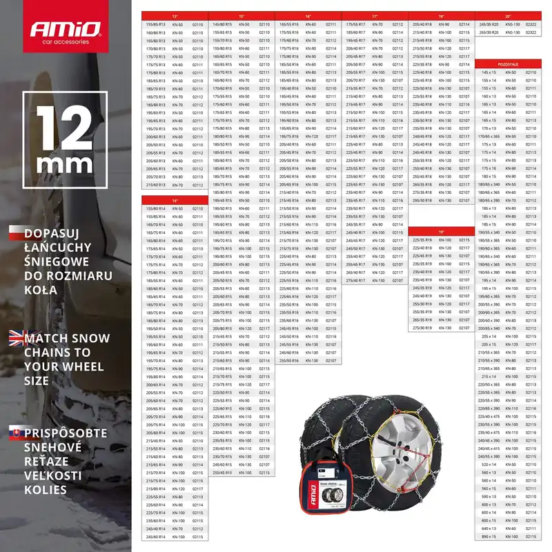 Łańcuchy śniegowe 12 mm KN-50 AMIO-02110 Zniżka