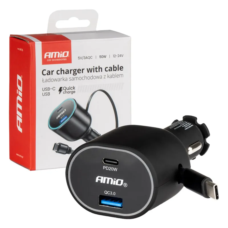 Wysoka jakość Szybka ładowarka samochodowa ze zwijanym kablem 50W PD30W PD20W + QC3.0 USB-A USB-C AMIO-04176