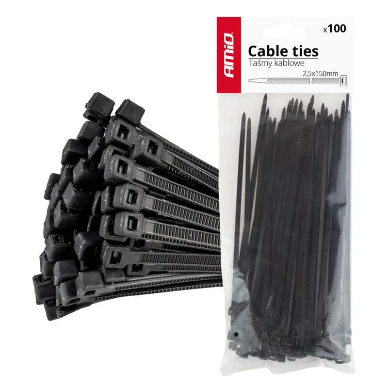 Taśmy opaski zaciskowe kablowe czarne 2,5x150mm - 100 szt. AMIO-02151 Bezpieczna płatność