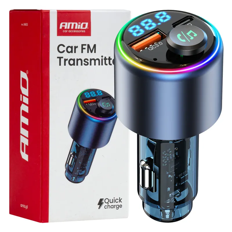 Transmiter samochodowy FM 1×USB-A 1×USB-C 12V 24V AMIO-04655 Ograniczona ilość