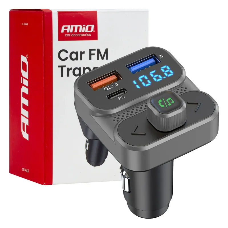 Obniżka ceny Transmiter samochodowy FM 2×USB-A 1×USB 12V 24V AMIO-04649