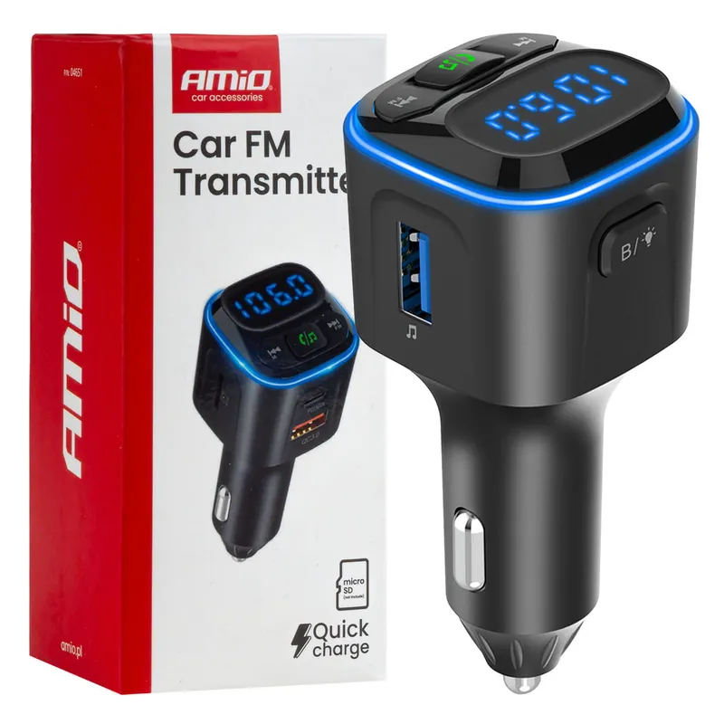Transmiter samochodowy FM microSD 1×USB-A 2×USB-C 12V 24V AMIO-04651 Tani