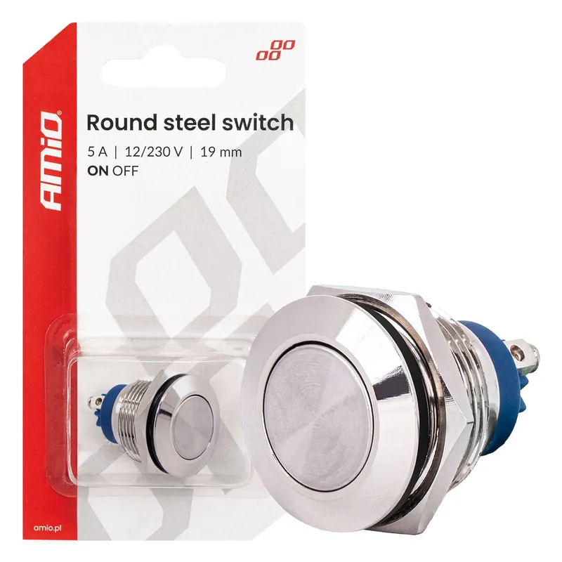 Włącznik płaski okrągły stalowy ON/OFF 19mm 5A 12/230V AMIO-04474 Rabat