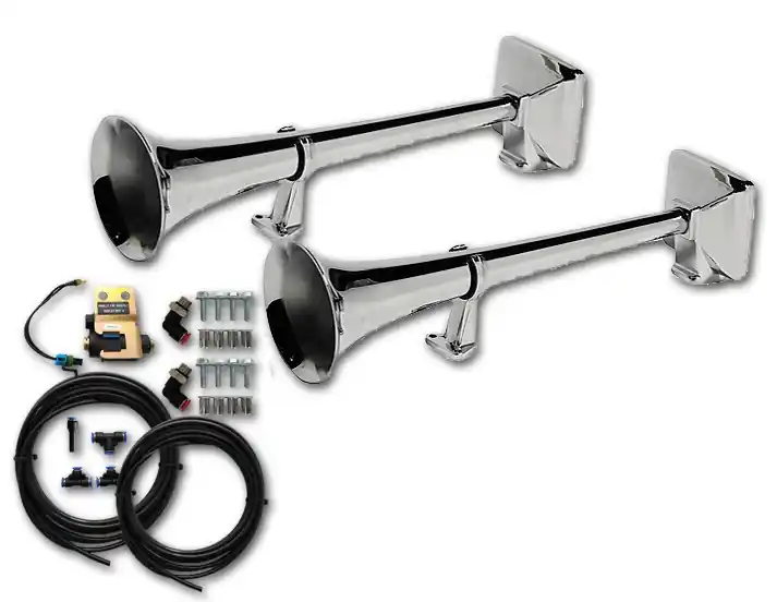 Kup online Zestaw sygnałów pneumatycznych HADLEY z zestawem montażowym i elektrozaworem HADLEY 12/24V (chromowane, okrągłe, 2x22"/56 cm)