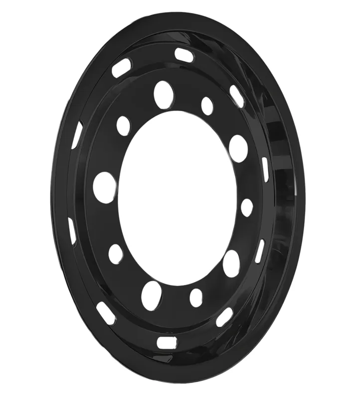 Czarny kołpak na przednią felgę TruckKing 22,5"x11,75" ET130, stal nierdzewna, mocowany na śruby, 10 otworów, PCD 335mm, Super Single (RAL9005 Połysk) Premium
