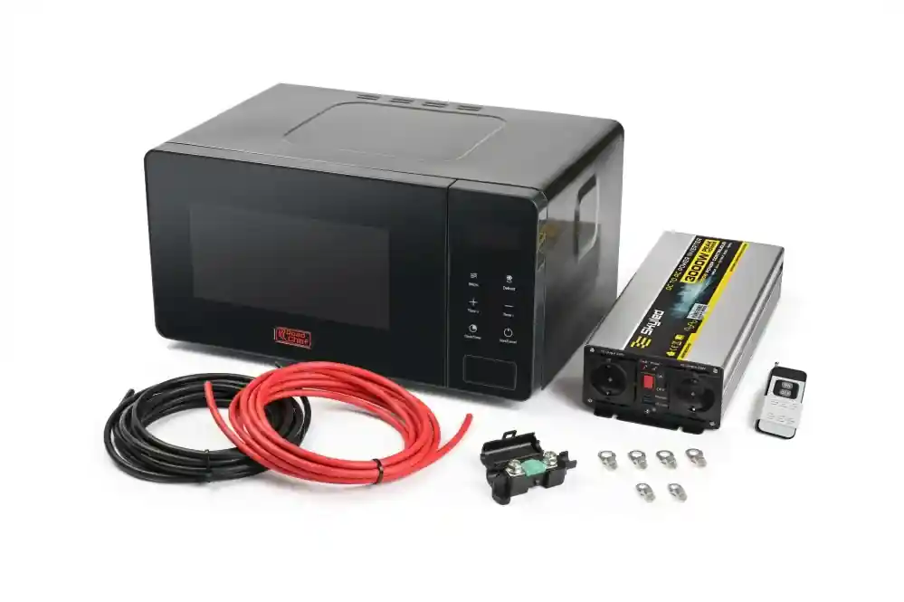 Sprawdź teraz Zestaw - Kuchenka Mikrofalowa ROADCHEF 600W, 15L, czarna, przetwornica 24V pełny sinus 1500W